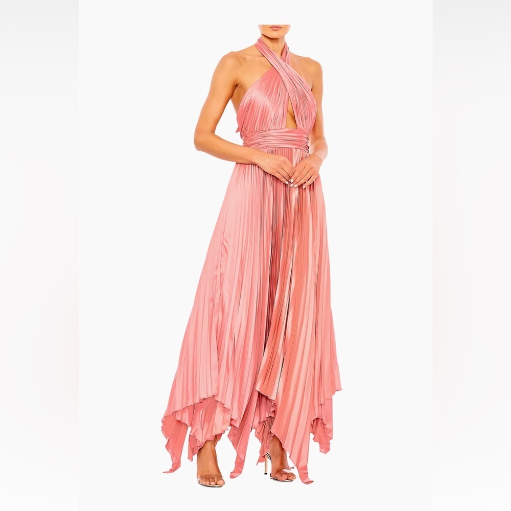 Mac Duggal pleated halter cutout satin handkerchief gown in rose pink